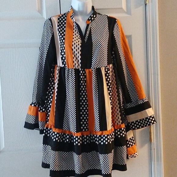 Striped Polka Dot black white orange fall halloween flouce dress Sz S NWOT - Picture 1 of 10